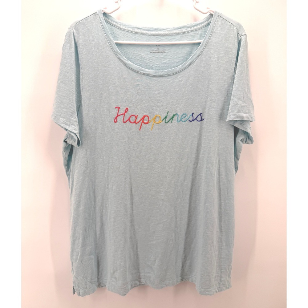 Talbots T-Shirt Women 1X Light Blue Happiness Rainbow Embroidered Cotton Relaxed